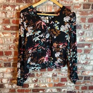 LongSleeve Crop Top Floral Printed Black Blouse